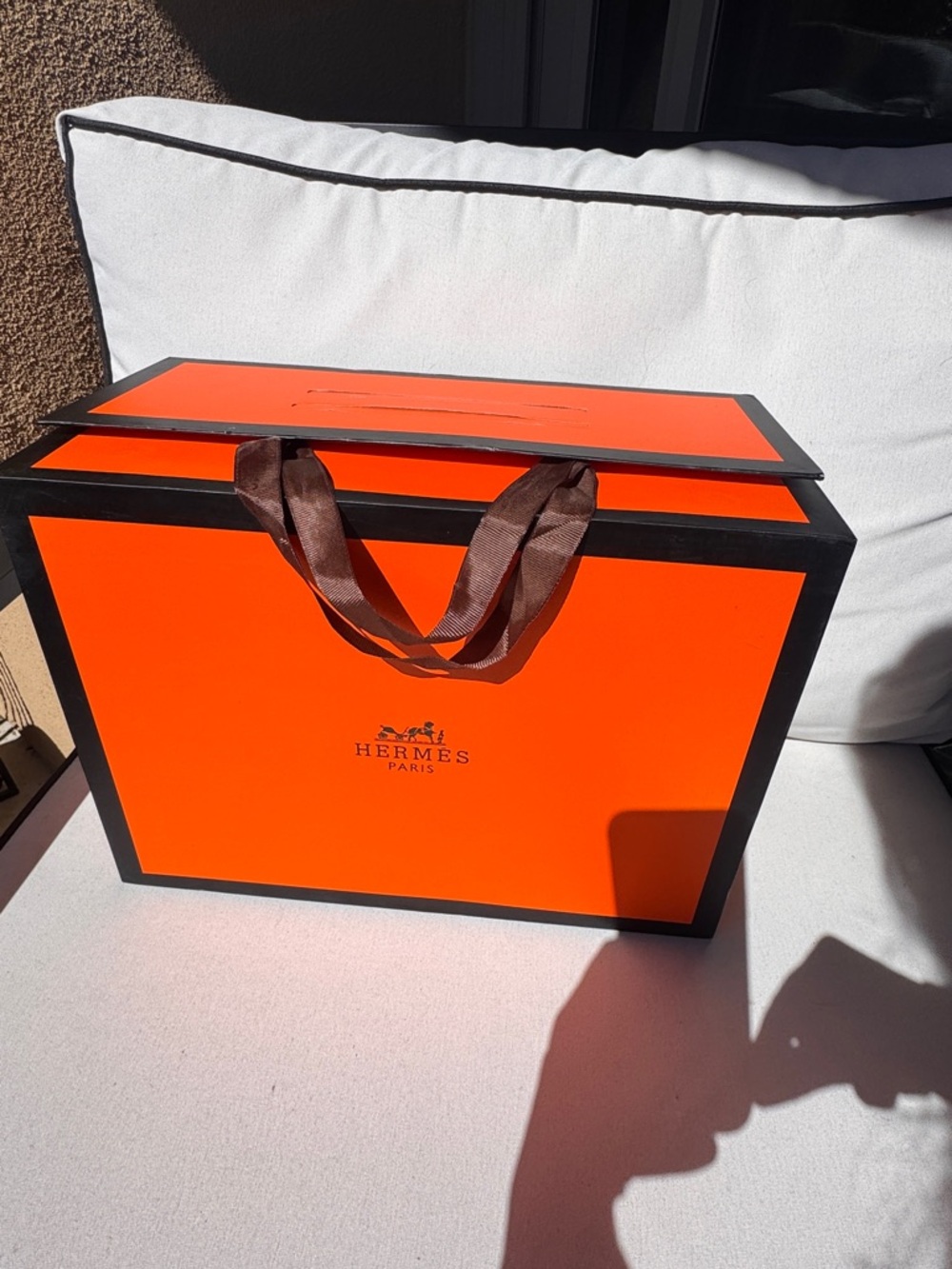 Hermes Large Orange Shopping Box with Brown Ribbon Handles from my COAT